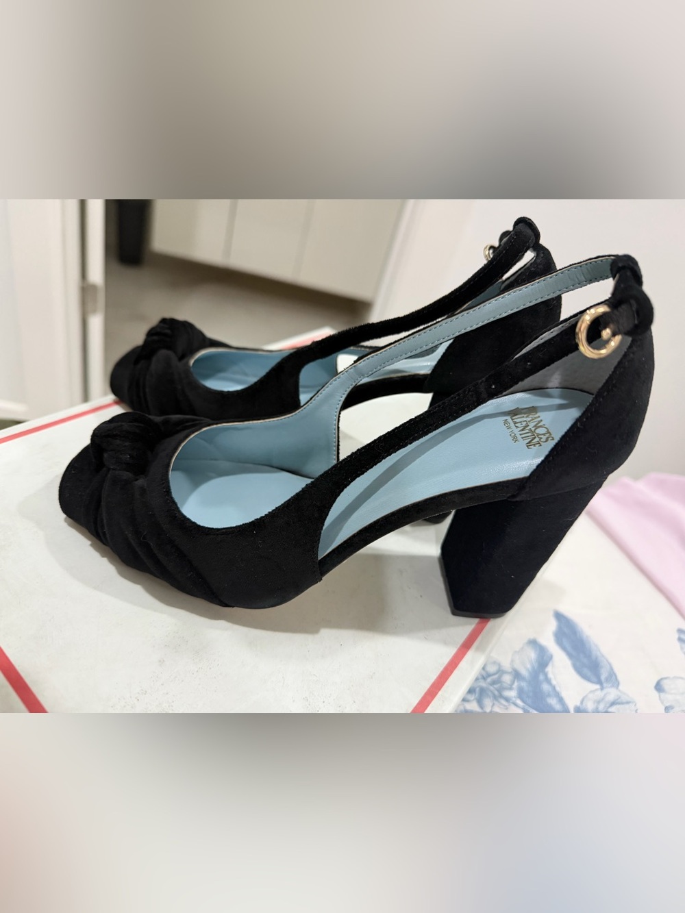 Frances Valentine Black Suede Knotted Slingback Block Heels